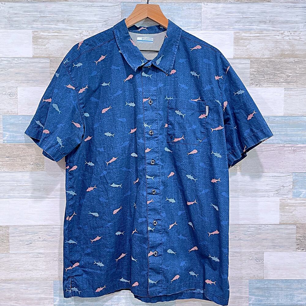 Columbia PFG USA America Flag Fish Short Sleeve Shirt Blue Button Up Mens Large